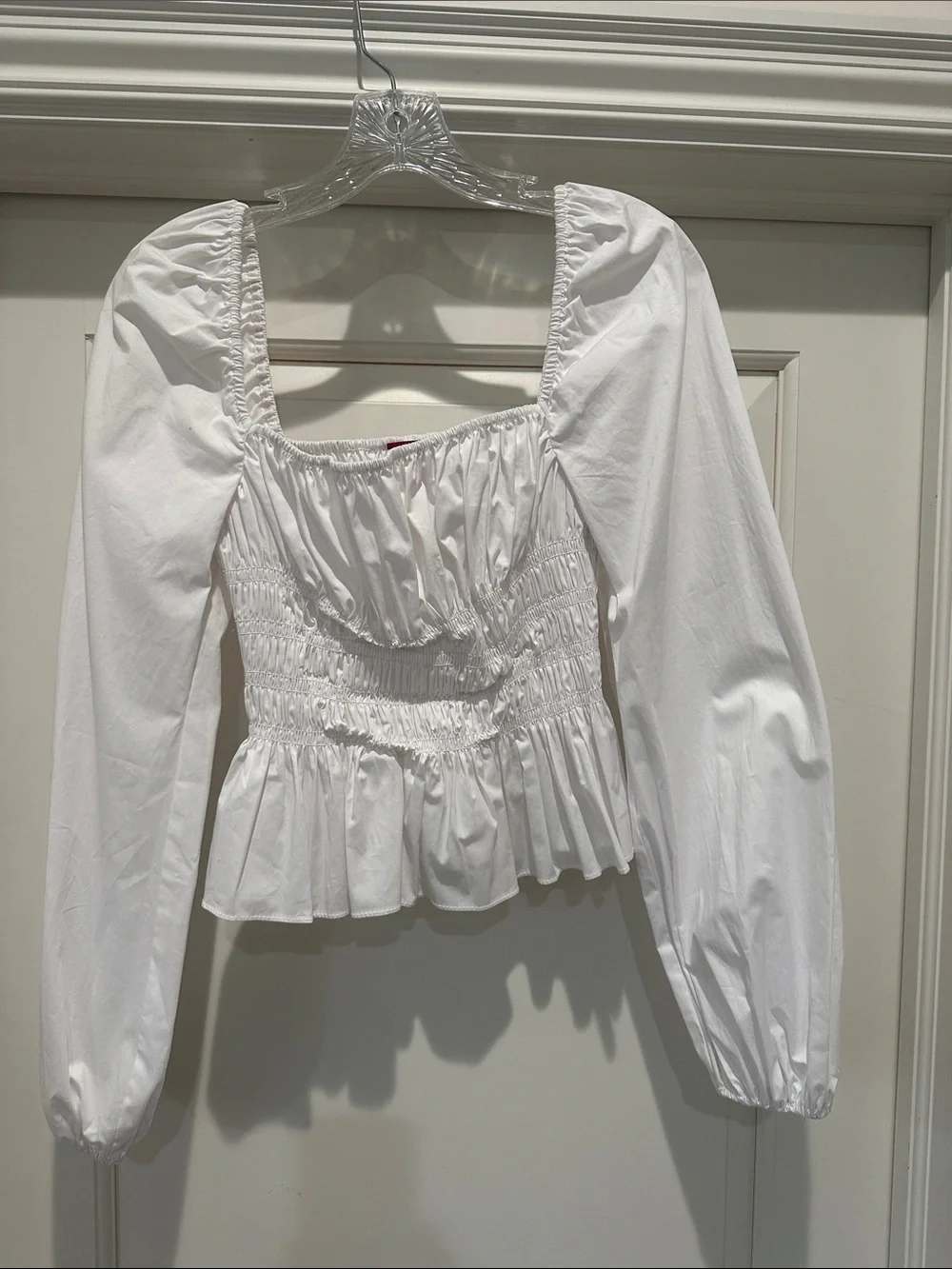 STAUD White Smocked Peplum Square-Neck Blouse